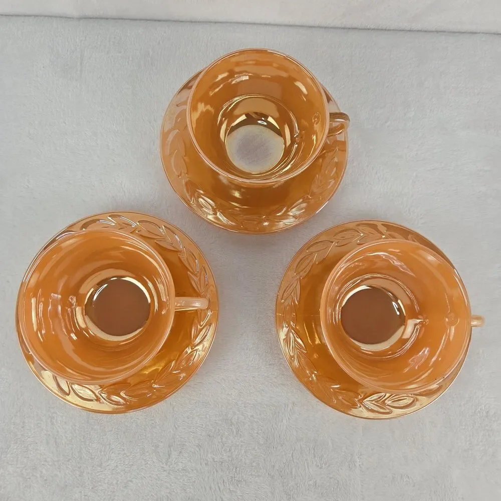 Vintage Set Of 3 Fire King Peach Luster Coffee Tea Cups And Saucers USA
